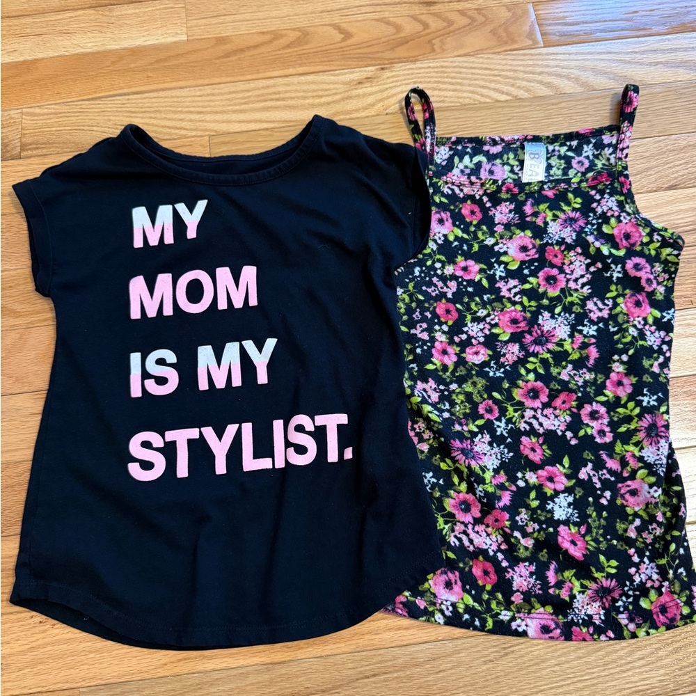 Girls size 6 Black Tee & Black Floral Tank Set with Pink Accents